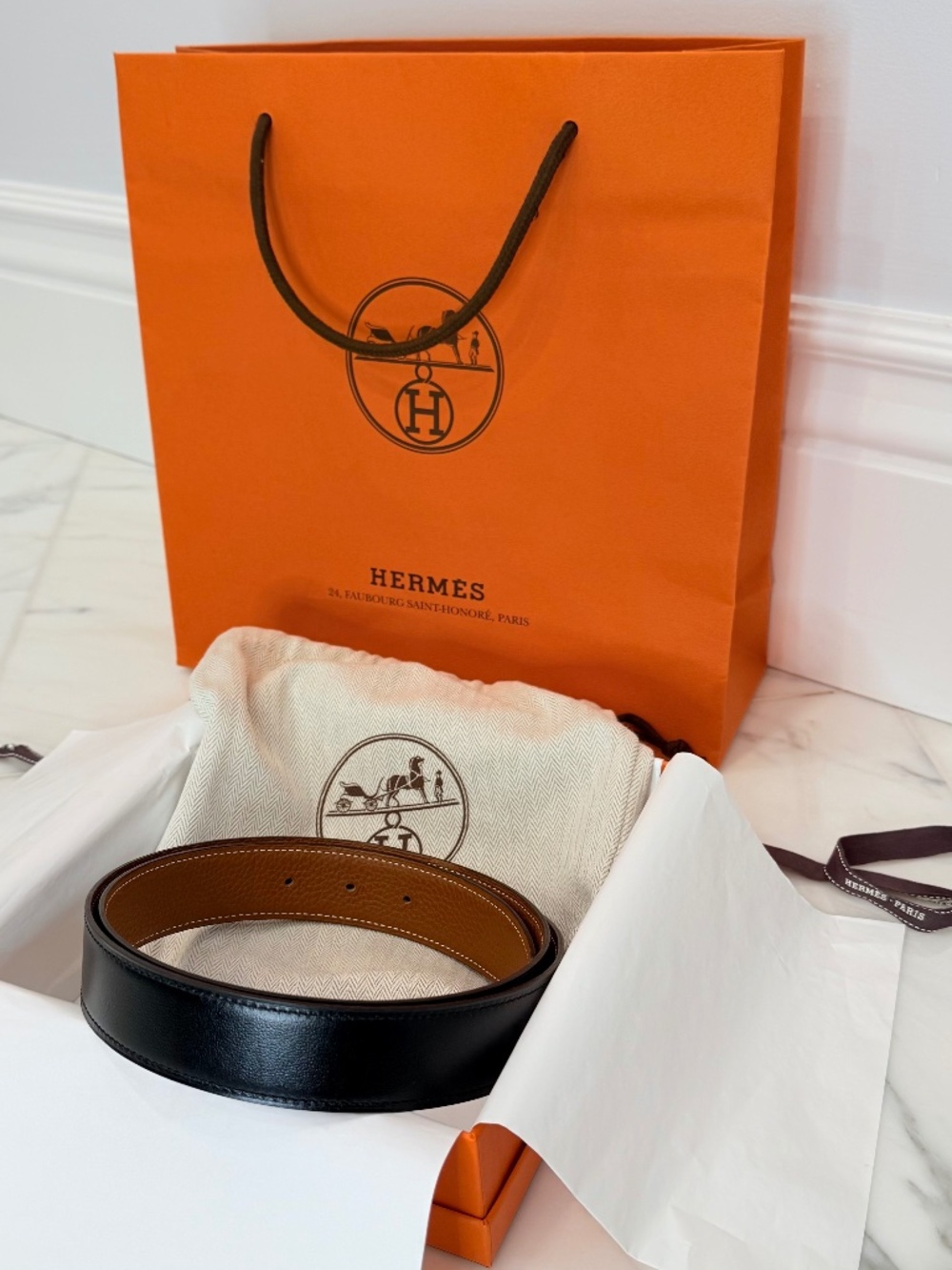 Hermes Reversible Togo Leather 32mm Belt Strap - size 85 - Noir/Gold